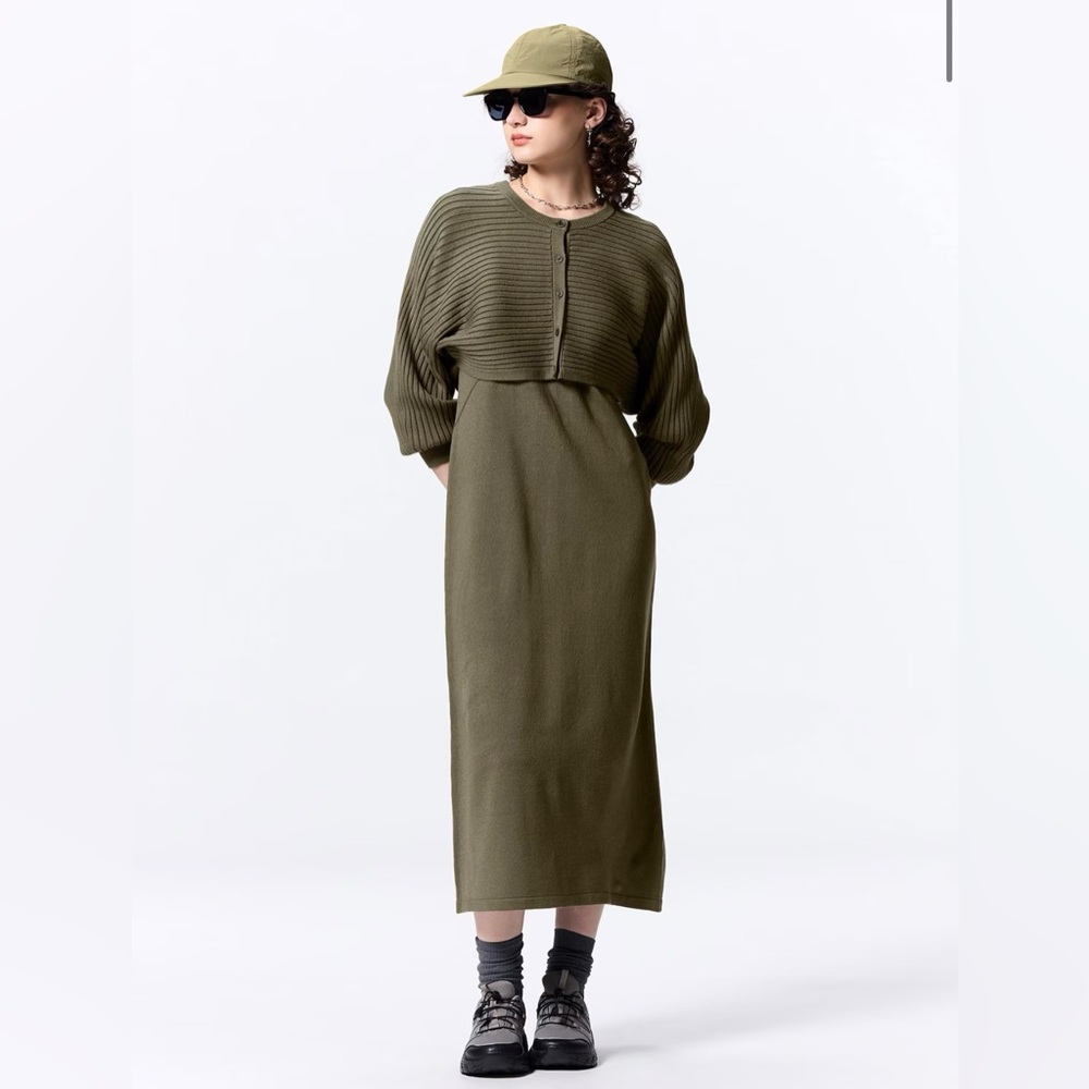 NWT GU by Uniqlo 2 Piece Cardigan Set Dress in Olive Color Small Size